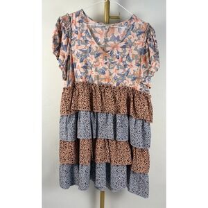 Umgee USA Dress Small Floral Leopard Tiered Ruffle Short Sleeve Boho A-Line